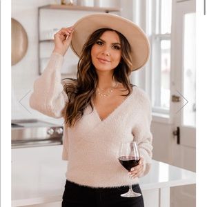 Beige fuzzy wrapped crop sweater small